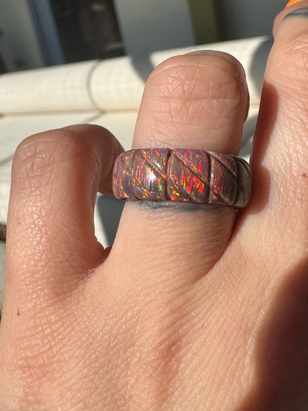 Iridescent Red/Orange Ethiopian Fire Opal Ring - Picture 3 of 8